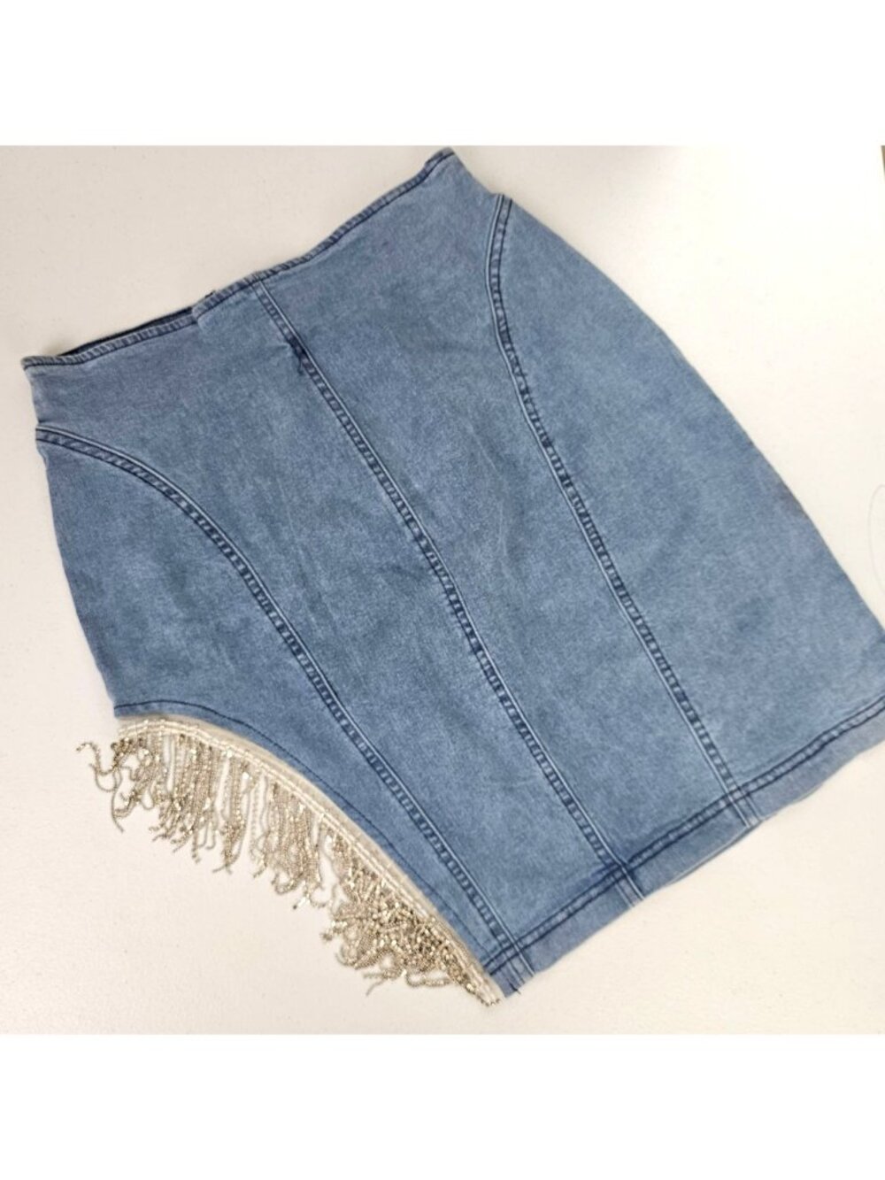 Mulla Denim Rhinestone Mini Skirt L Blue Fringe Hem Stretch Coastal Cowgirl